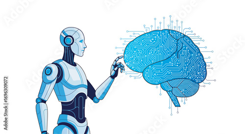 Futuristic robot touching digital brain interface, symbolizing artificial intelligence and advanced technology in a clean, modern style.