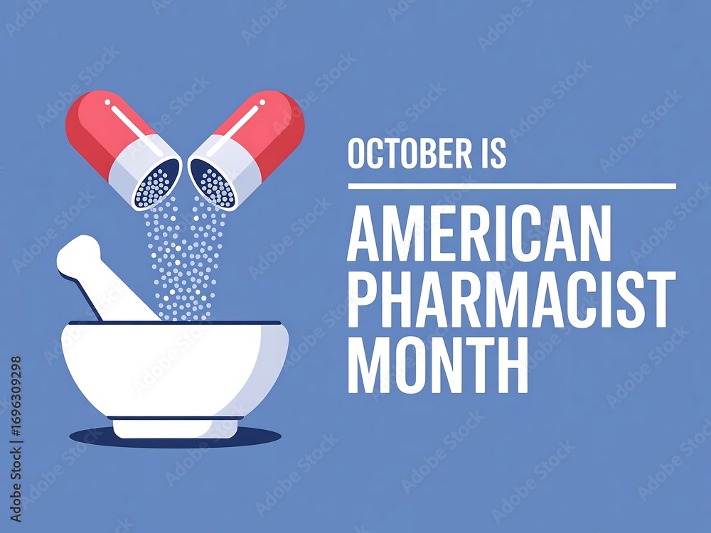© Hriday - Celebrating american pharmacist month in october with a mortar and pestle and a spilling capsule © Hriday - Celebrating american pharmacist month in october with a mortar and pestle and a spilling capsule