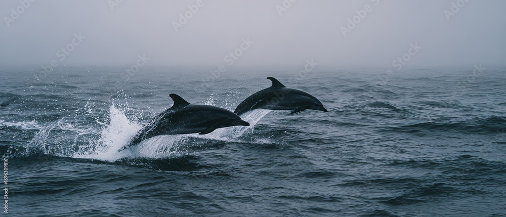 Naklejka premium Wide shot of two dolphins leaping in sync from rough ocean waves with white splashes under a grey overcast sky, symbolizing freedom, harmony, and energy, ideal for nature, travel, or editorial use