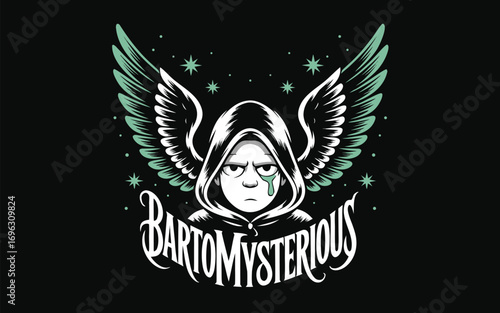 A mysterious figure with wings and a hooded cloak, surrounded by stars, with the word bartomysterious written below, all against a black background