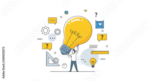 Tiny person holding up a giant lightbulb surrounded by question marks and geometric shapes representing ideas and problem solving on white, conceptual.