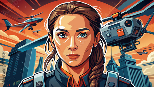 Close-up portrait of female drone operator with remote. Isolated background emphasizes innovation, focus, and freedom.
