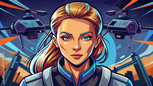 Close-up portrait of female drone operator with remote. Isolated background emphasizes innovation, focus, and freedom.