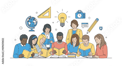 Diverse group of students studying together in a bright classroom, surrounded by educational tools, fostering a collaborative and inspiring learning environment.