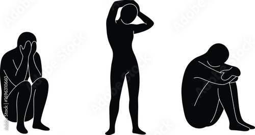 depression silhouette, anxiety figure, emotional stress, mental health concept, sad posture, alone person icon, grief illustration