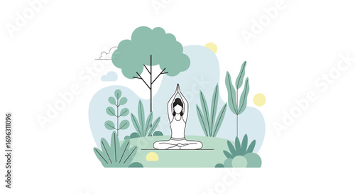 Woman meditating in lotus position outdoors surrounded by plants and trees, creating a serene and peaceful scene in nature with a minimalist style.