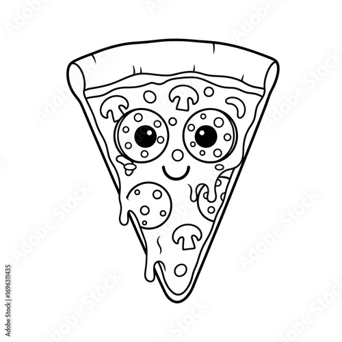 Happy Pizza Slice Coloring Page Bold Line Art Playful Edibles For Children's Fun