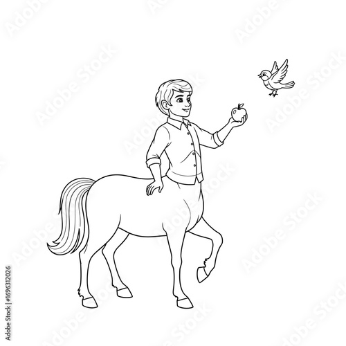 Kind Centaur Feeding a Bird Gentle Fantasy Kids Black and White Coloring Page