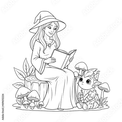 Kind Sorceress Storytime with a Forest Spirit Black and White Line Art Activity