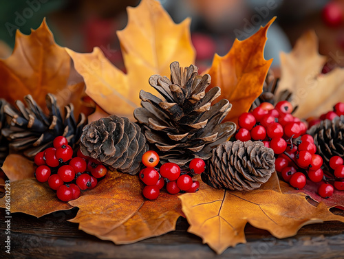 A beautiful autumn arrangement of pine cones, red berries, and orange leaves, perfect for seasonal decor.