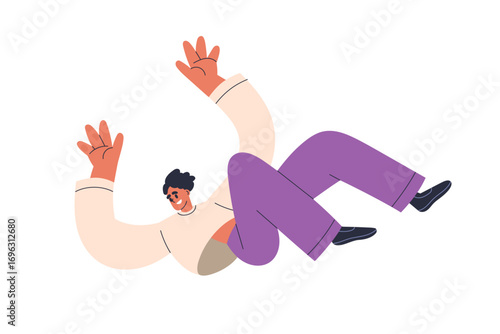 Man falling down, soaring and floating in air. Happy joyful young male fall in motion, movement, flying downward with carefree optimistic feeling. Flat vector illustration isolated on white background