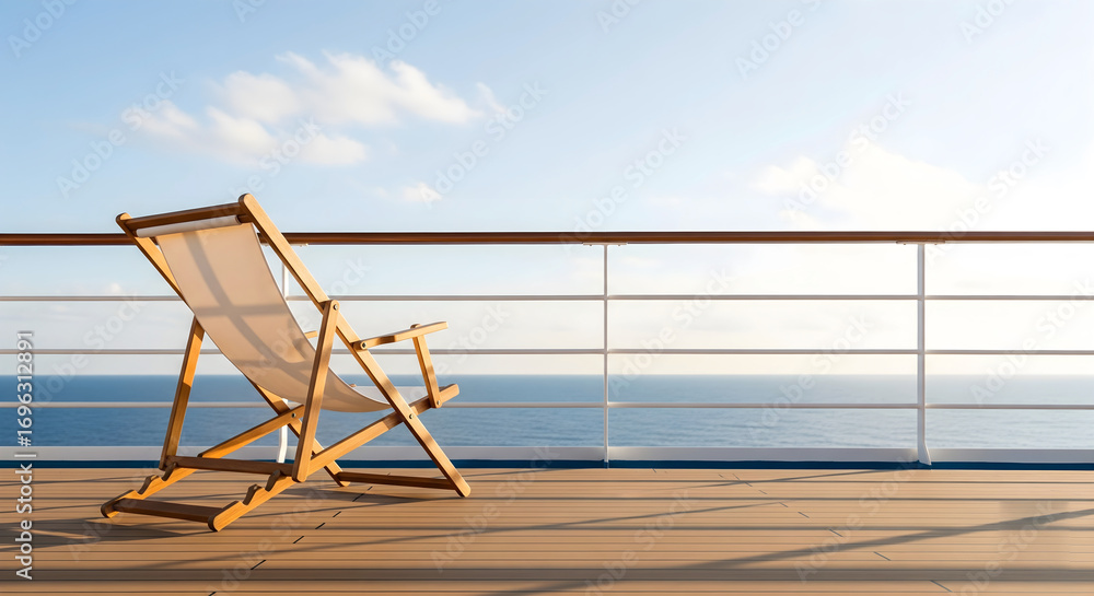 Fototapeta premium Wooden deck chair on cruise ship balcony with ocean horizon background