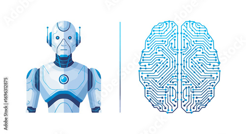 Robot stands beside digital brain representing artificial intelligence and advanced technology on a clean white backdrop, symbolizing innovation and future possibilities.