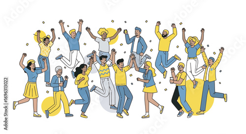 Group of diverse people jumping and cheering together in celebration of success and teamwork, expressing joy and enthusiasm, creating a positive and energetic atmosphere.