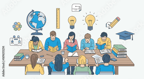 Students studying together at a wooden table filled with books and school supplies, creating a collaborative and educational atmosphere.