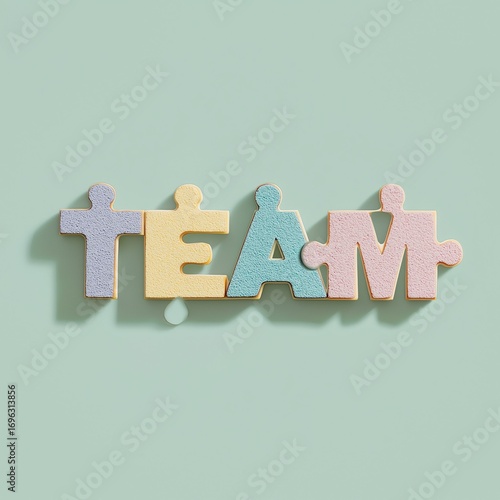 Word “TEAM” formed with colorful pastel puzzle pieces on a mint green background, representing teamwork, unity, and cooperation.