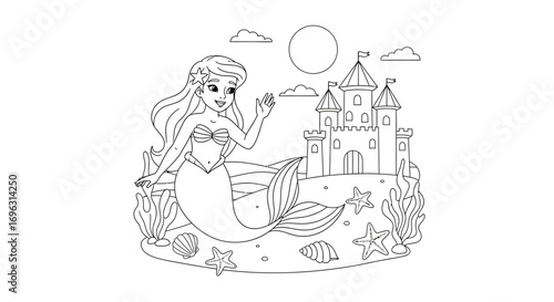 Mermaid and castle illustration: Enchanting artwork depicts a mermaid near a grand castle. The mermaid with long flowing hair, smiles gracefully.