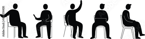 Seated Male Silhouette Set: Man Gesturing, Using Phone, Raising Hand, and Working on Laptop – Office or Classroom Poses