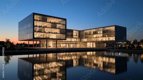 Modern Office Building by Water at Twilight - A contemporary glass office building is beautifully illuminated at twilight, its reflection mirroring perfectly in a calm body of water.