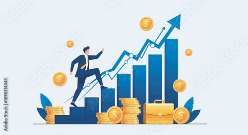 Businessman climbs bar graph steps towards upward trending arrow, symbolizing success and financial growth in a competitive market, depicting ambition and progress.