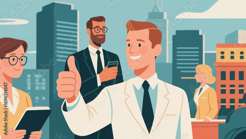 Business office personnel gave a thumbs-up in approval.Encourage and communicate with each other. Hand-drawn vector illustration