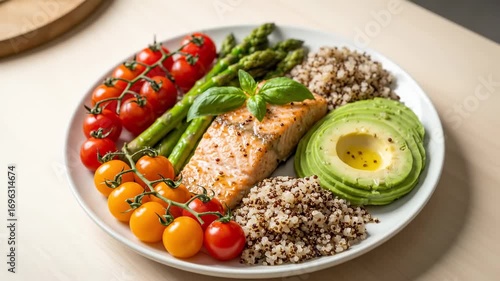 Wallpaper Mural Healthy Salmon Quinoa Plate - A healthy and delicious meal featuring grilled salmon, quinoa, asparagus, cherry tomatoes, and avocado slices arranged on a white plate. Torontodigital.ca