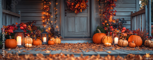 A cozy autumn porch adorned with pumpkins, fall leaves, and warm lights, inviting the spirit of the season.