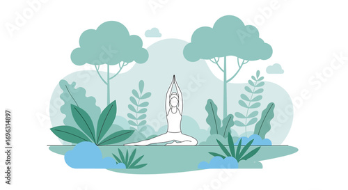 Woman practices yoga pose outdoors in peaceful garden surrounded by lush green plants and trees, promoting wellness and relaxation.