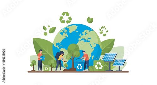 People planting trees and recycling with solar panels for a sustainable future, promoting environmental awareness and ecofriendly practices.