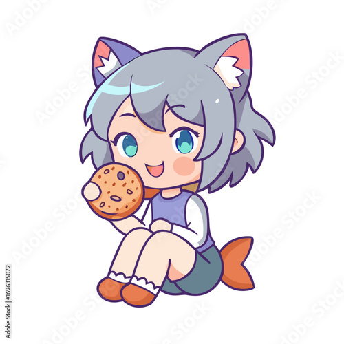 Vector art of cute girl with cat ears holding cookie