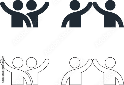 Two People Icons, Waving, Teamwork, High Five, Friendship, partner, Editable stroke, vector