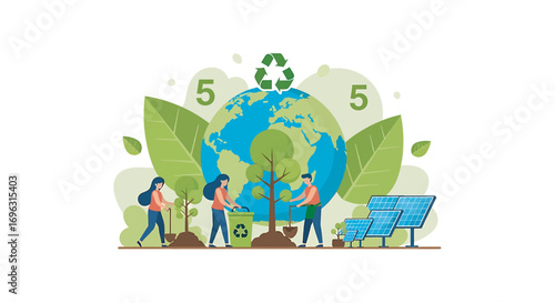 People planting trees and recycling near solar panels to promote environmental sustainability and a greener future on Earth.