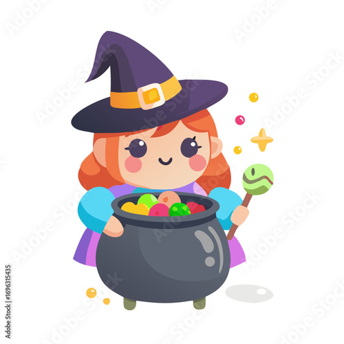 Vector art of cute little witch holding cauldron