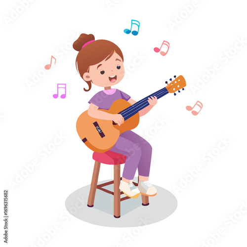 Vector art of cute little girl playing guitar sitting on stool