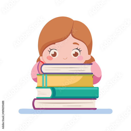 Vector art of cute little girl hiding behind stack of books