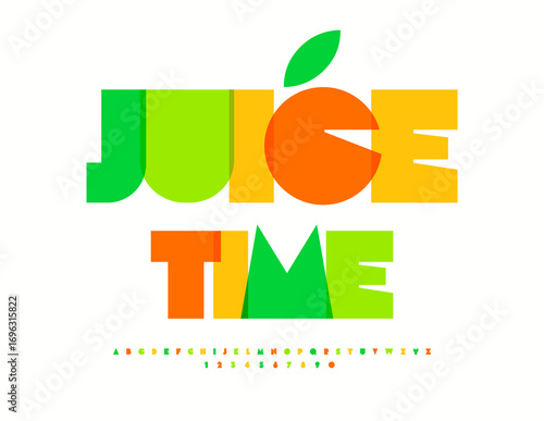 Vector Healthy Promotion Juice Time. Unique Colorful Font. Artistic Alphabet Letters and Numbers set.
