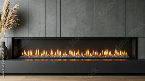 Modern Linear Fireplace with Dancing Flames Against a Stylish Concrete Wall in a Luxury Interior.