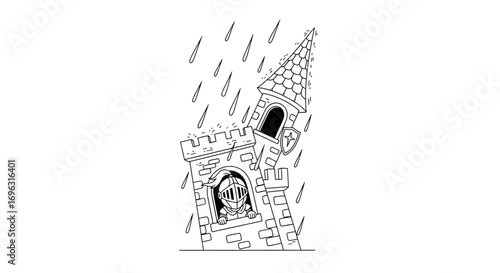 Castle Tower Under Rain: A medieval castle tower braves a stormy downpour, capturing the stark beauty and resilience of historic architecture.