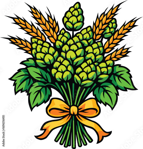 Bundle of hops and wheat tied with a ribbon, symbolizing brewing and harvest season. Editable EPS file, perfect for beer, Oktoberfest, farming, and festive themes