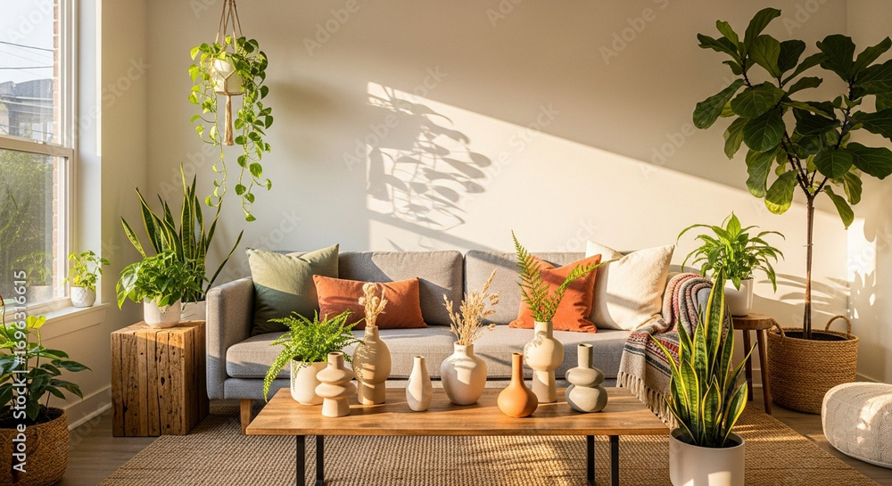 Fototapeta premium Sun-Drenched Modern Living Room with Lush Greenery and Earthy Accents