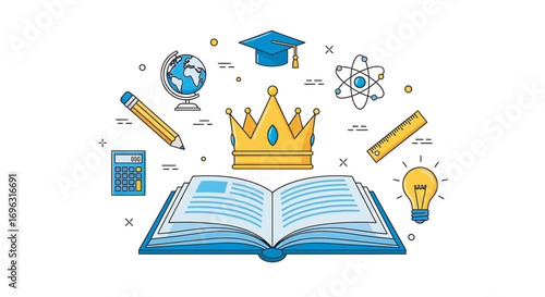 Open book surrounded by educational symbols represents the pursuit of knowledge and learning in a bright and optimistic style.