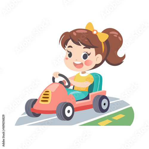 Vector art of cute little girl driving a gokart on the road