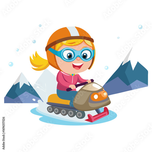 Vector art of girl riding snowmobile in winter season