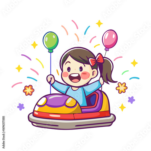 Vector art of happy little girl driving a bumper car