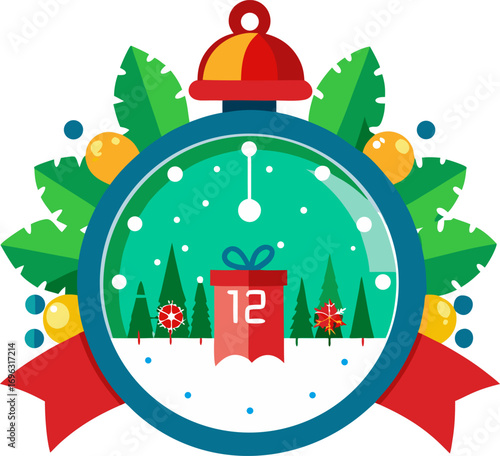 Christmas countdown clock with snow and bells  , white background 
