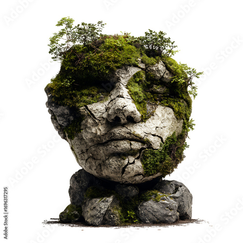 Stone face sculpture overgrown with moss and plants, symbolizing nature's power.