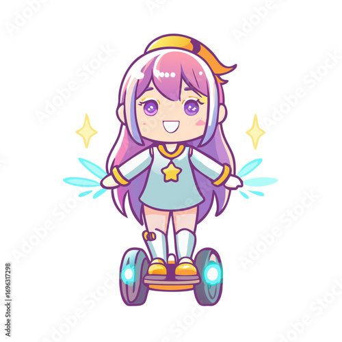 Vector art of cute anime girl riding on a hoverboard