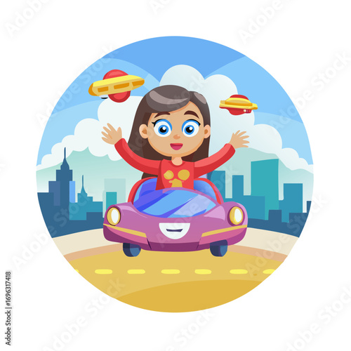 Vector art of happy girl driving a car with ufos in the sky, vector illustration