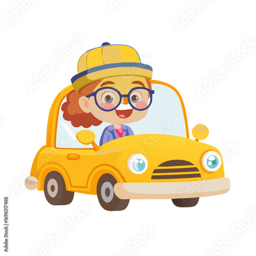 Vector art of happy little girl driving her yellow car