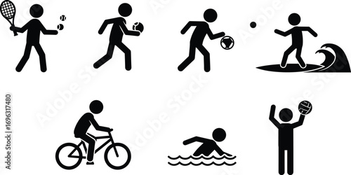 Sports Stick Figures – Vector Icons of People Playing Tennis, Football, Surfing, Biking, Swimming, and Volleyball in Black Silhouette